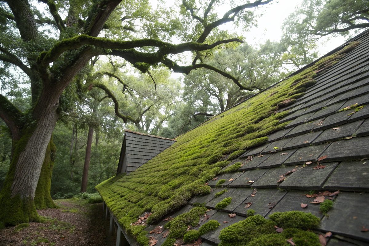 Thick moss and dark streaks on an older shingle roof shaded by a large oak
