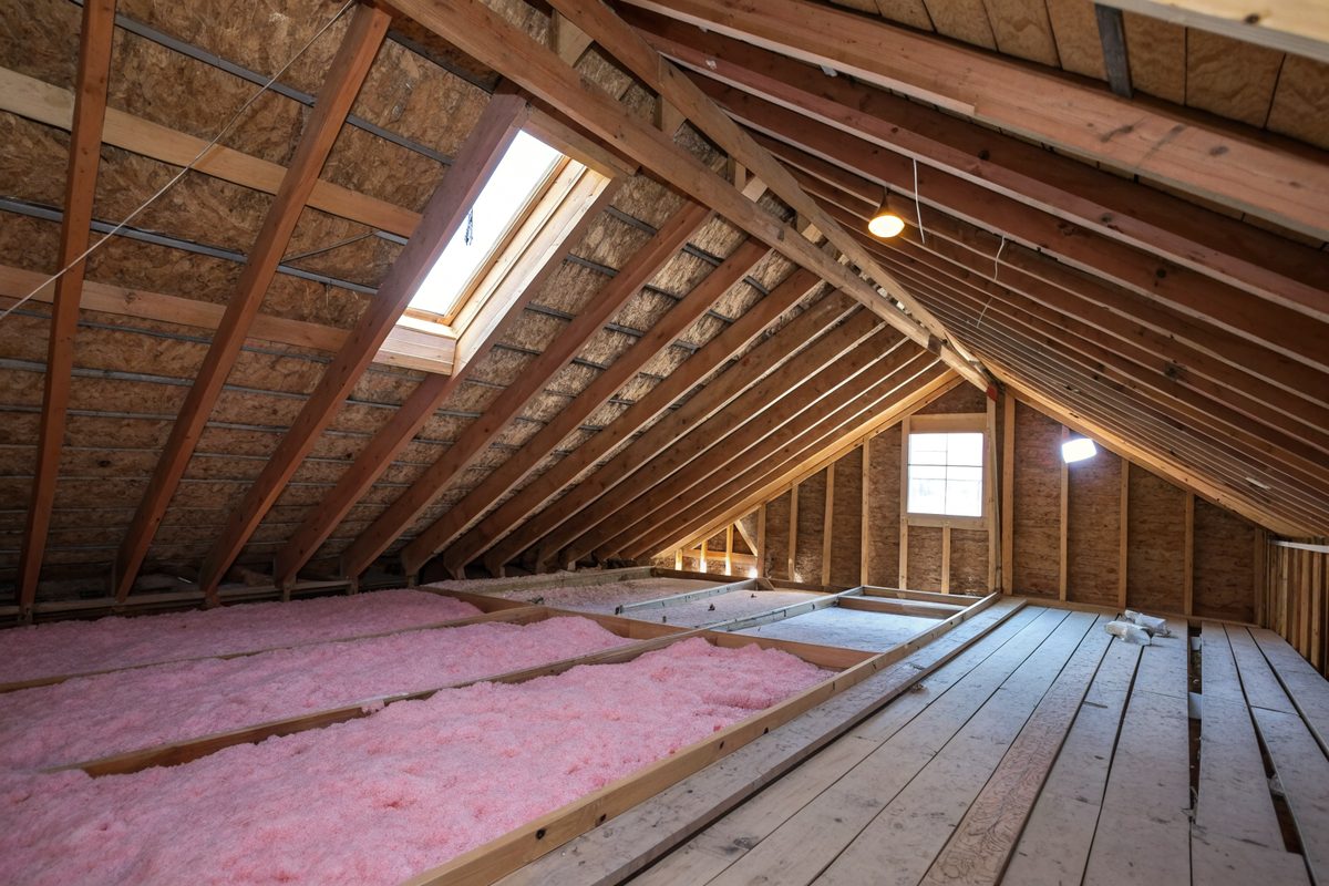 An unfinished attic with wood rafters, a skylight and pink insulation between the floor joists