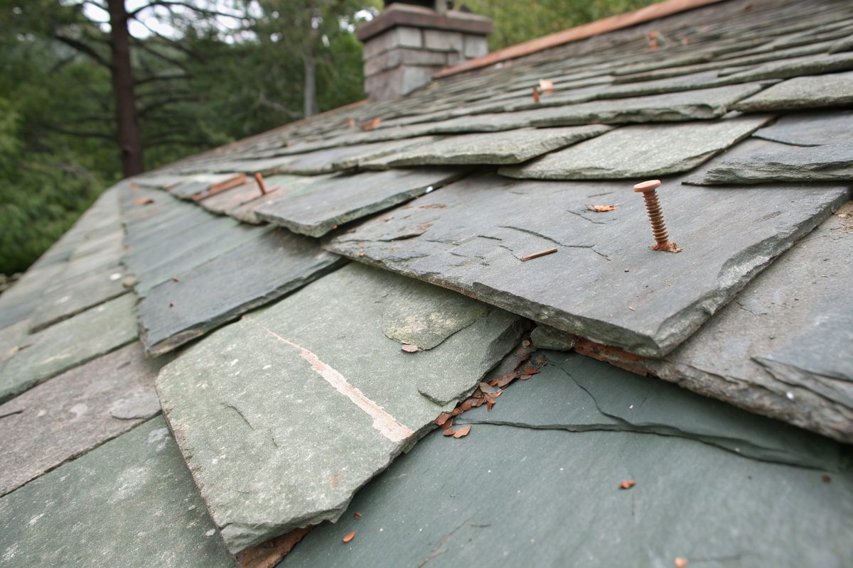 Close view of an old green-gray slate roof with cracked and slipped slates and copper nails