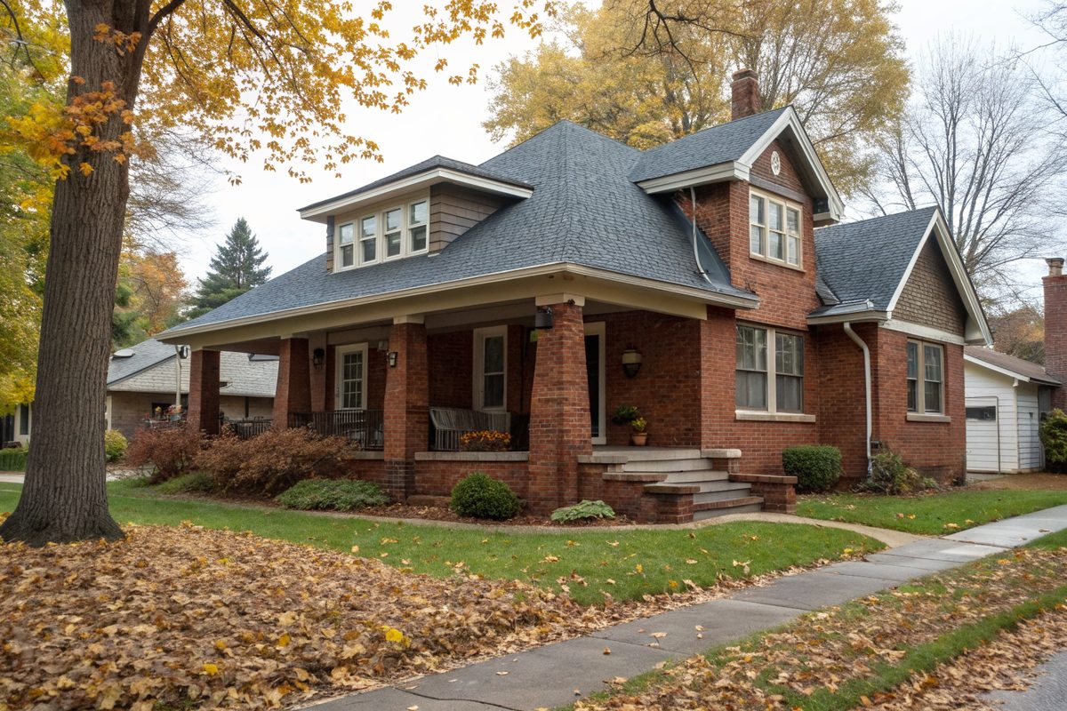 A red-brick bungalow with a deep front porch, a dormer and a new dark gray shingle roof in autumn