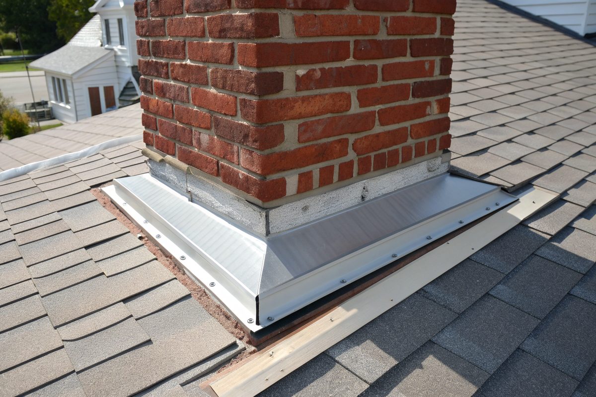 New metal flashing around the base of a red-brick chimney on a gray shingle roof
