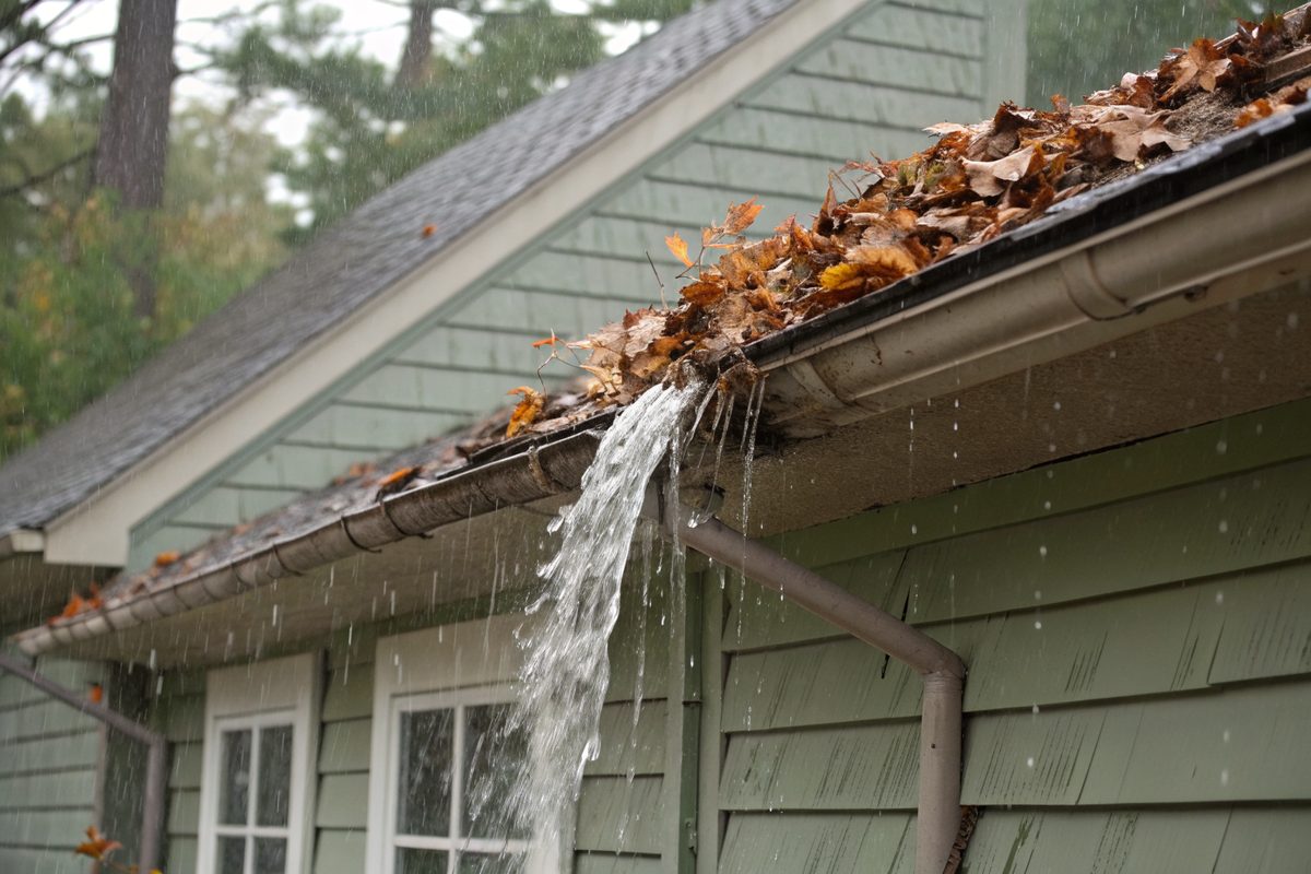 Rainwater pouring over a leaf-clogged gutter on a green-sided house
