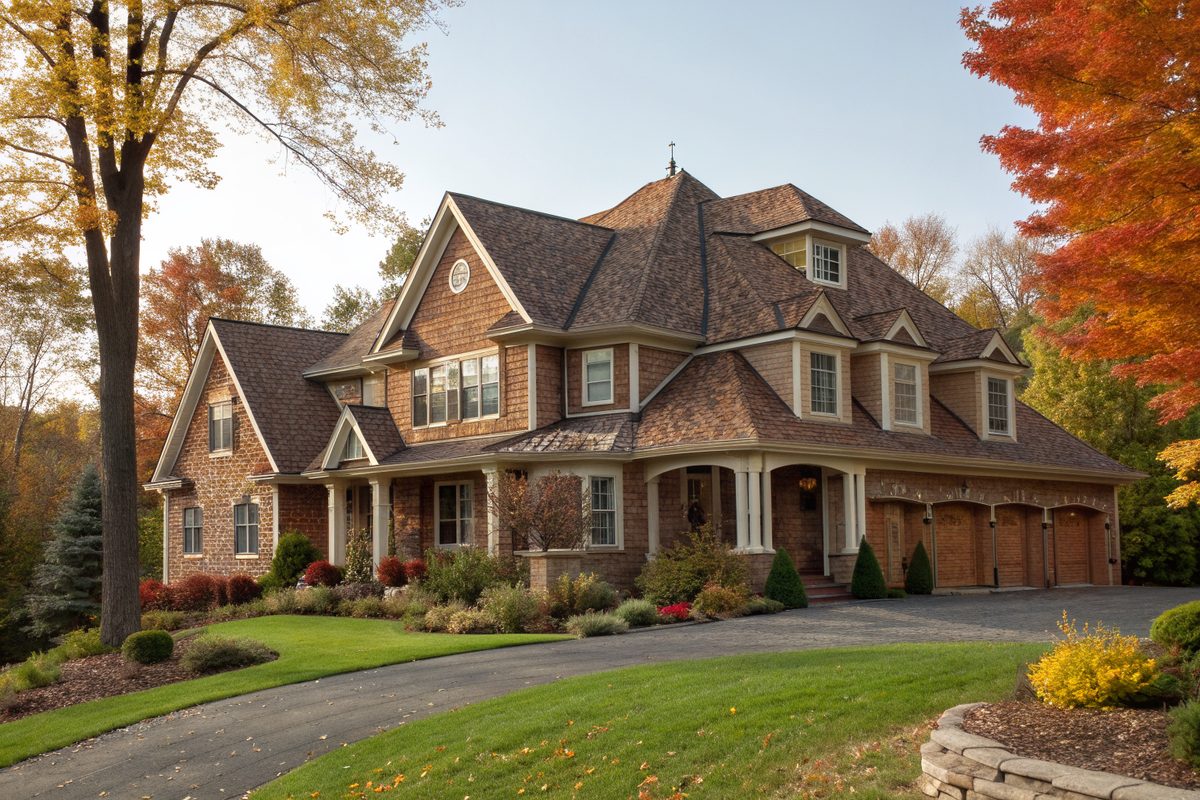 A large two-story home with many hips, gables and dormers in brown shingles, with autumn trees