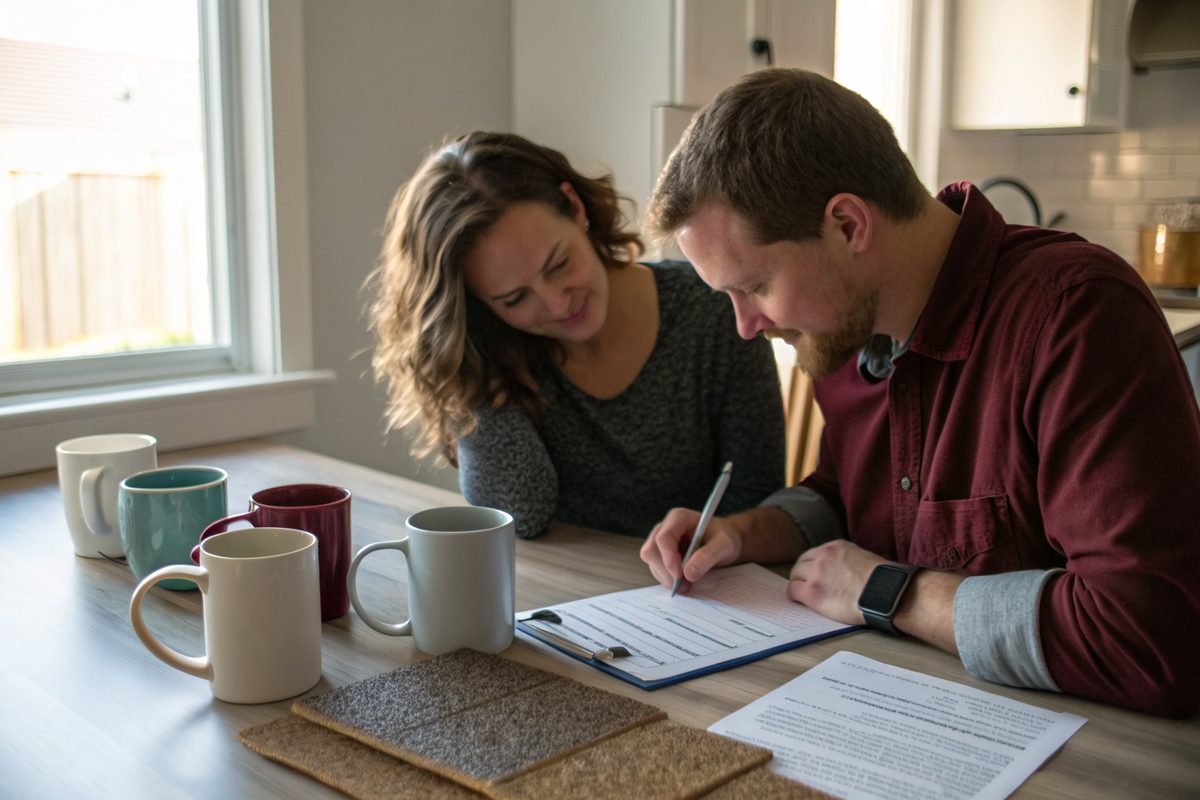 A couple at a kitchen table reading paperwork, with coffee mugs and roofing samples