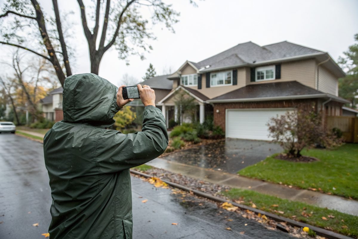 A homeowner in a rain jacket photographing a two-story house with a phone on a wet street