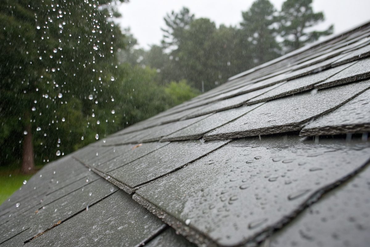 Close view of thick gray dimensional shingles covered in raindrops