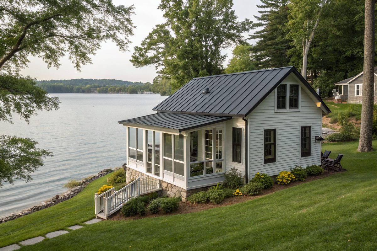 A white lakeside cottage with a dark standing-seam metal roof and a screened porch above the water