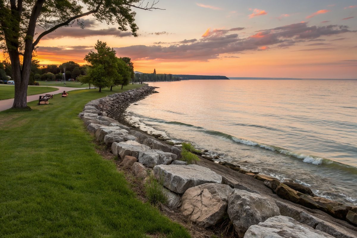 A lakefront park with a rock breakwall and calm water at sunset