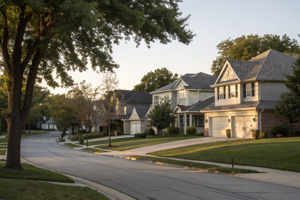 A curving subdivision street of two-story homes with attached garages and gray shingle roofs