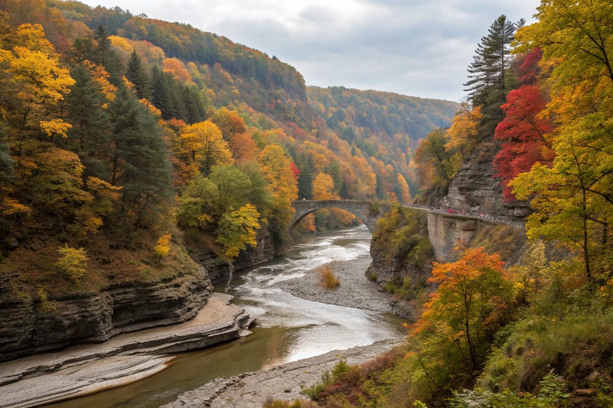 A shallow river winding through a steep wooded valley in autumn color, with a stone arch bridge
