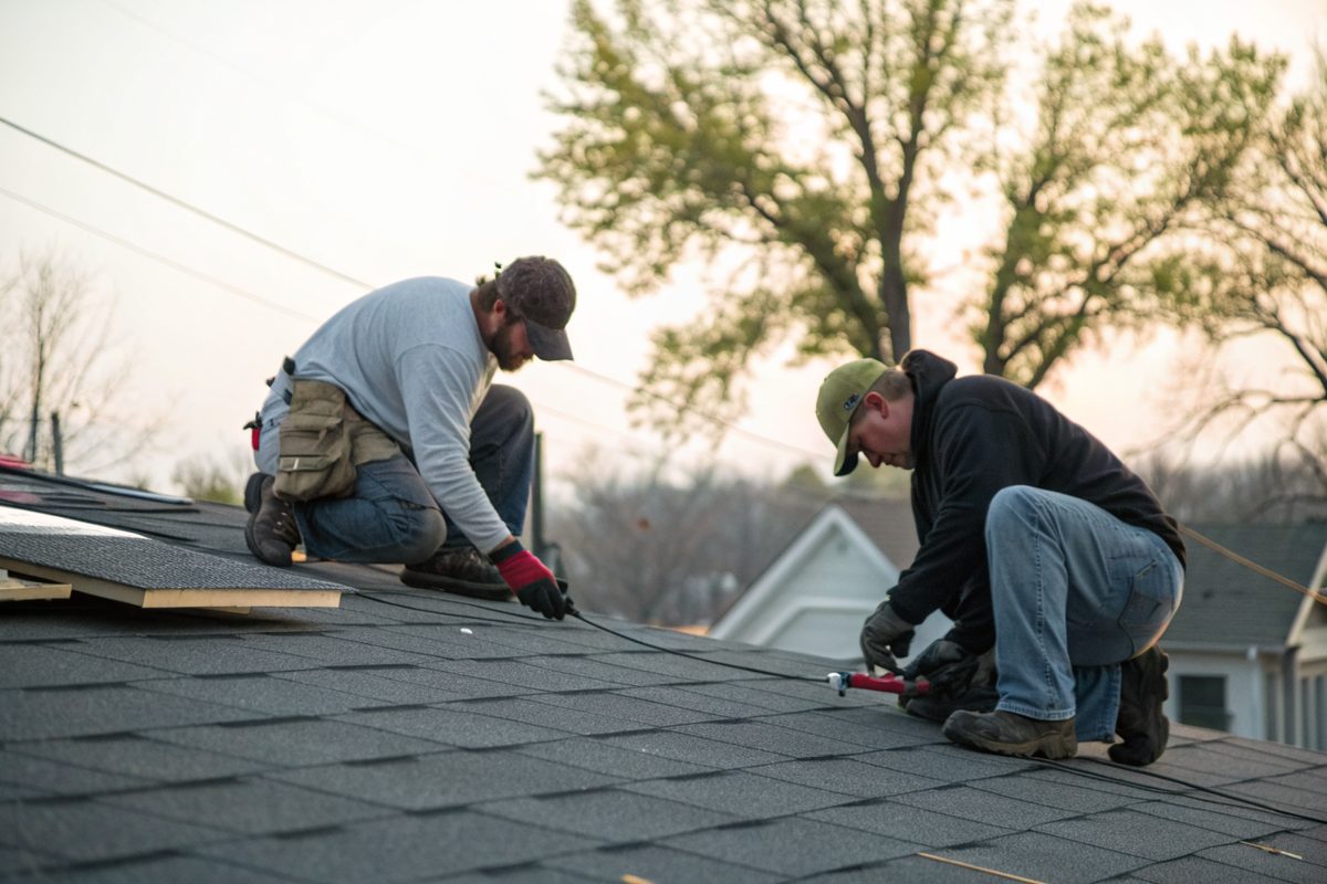 Two roofers kneeling on a roof installing new charcoal shingles