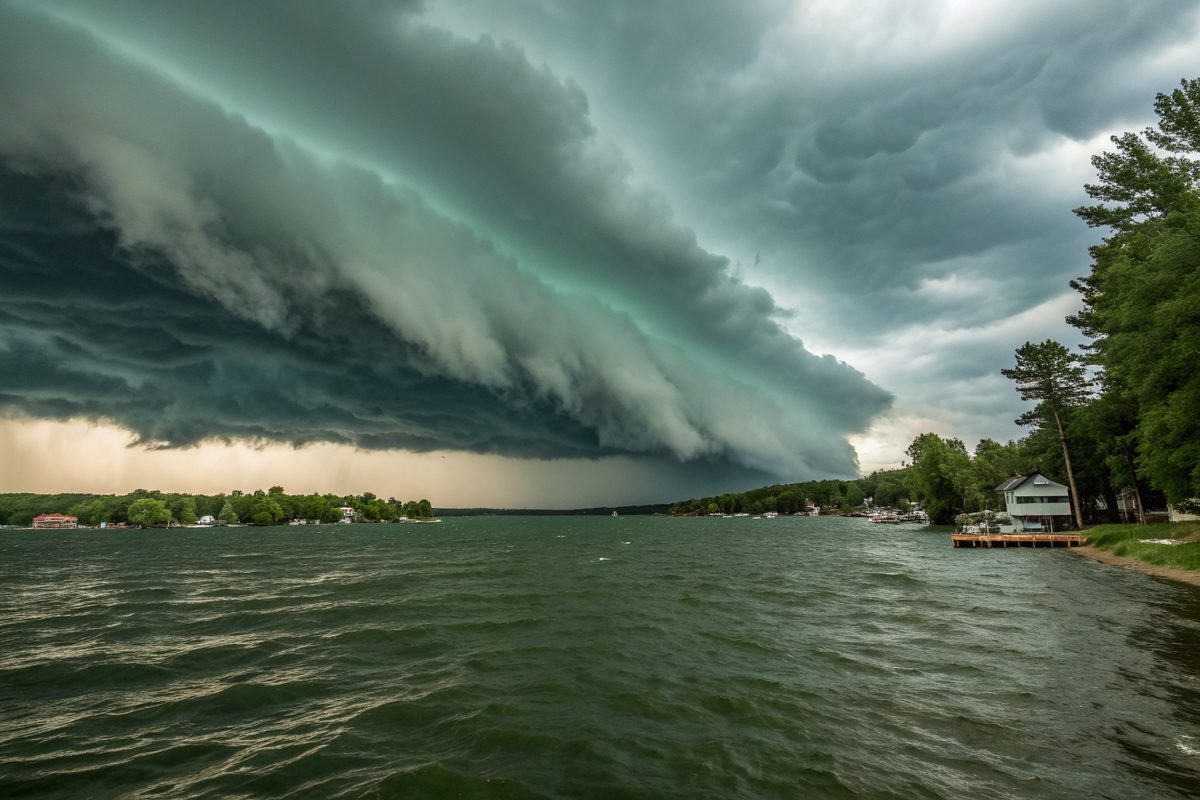 A dark green-gray storm cloud rolling in over choppy lake water and a wooded shoreline with houses