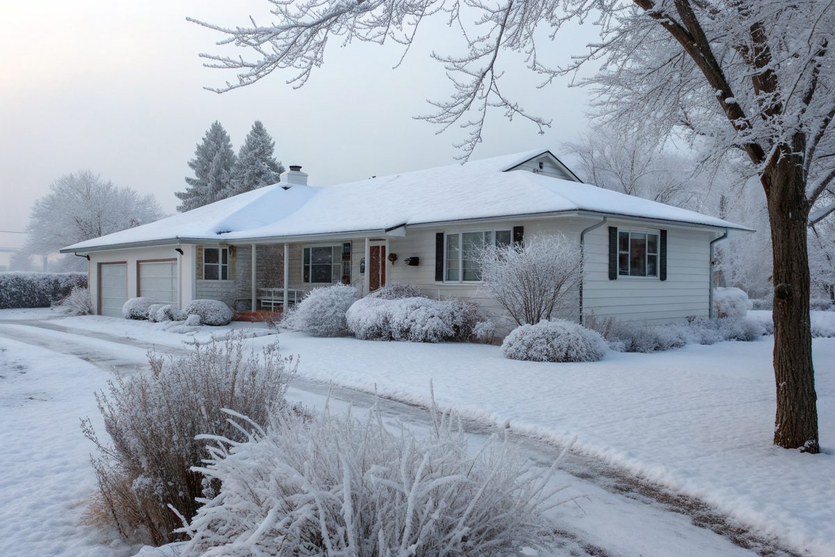 A white ranch house with snow on its roof, frosted shrubs and a snowy driveway