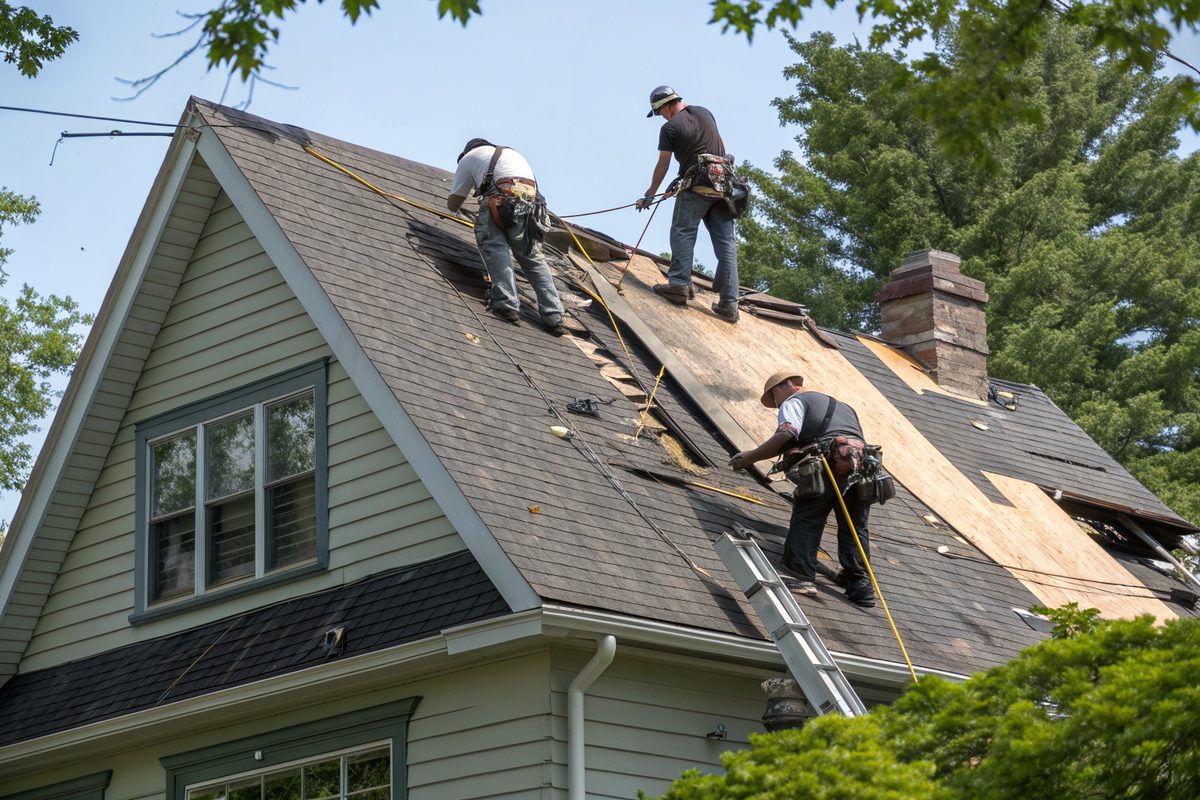Roofers in harnesses stripping old shingles from the steep gable roof of a tall frame house