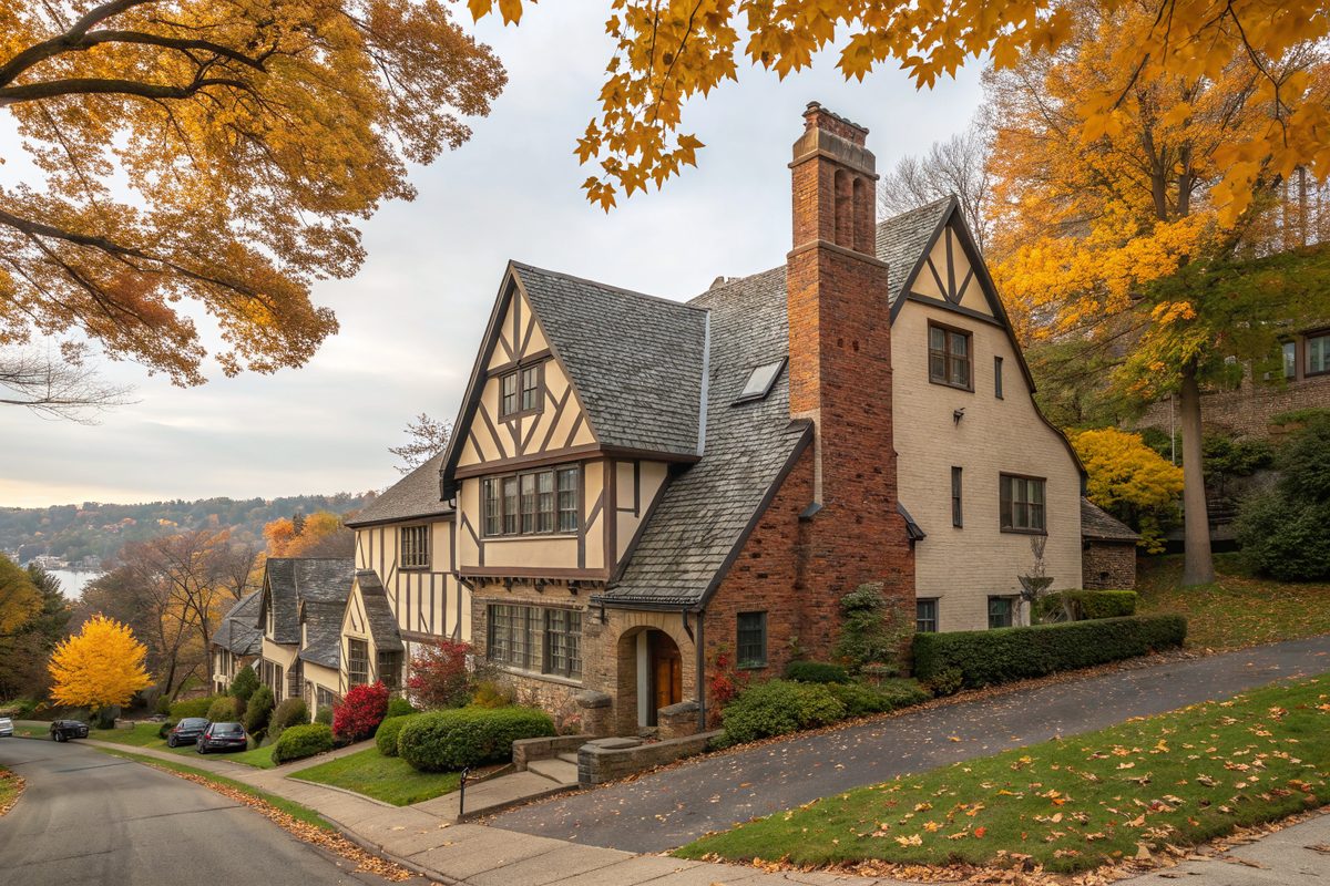 A Tudor-style house with half-timbering, a tall brick chimney and a slate-look roof on an autumn street