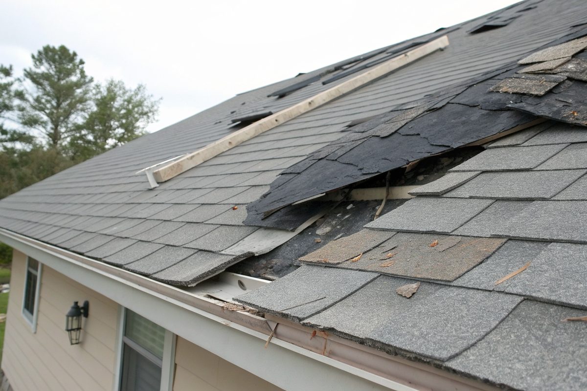 Wind-torn and lifted shingles exposing the dark layer underneath along a roof edge